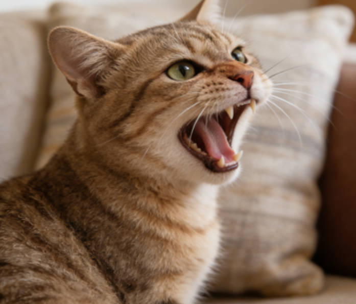 The cat looks like it wants to yawn or meow
